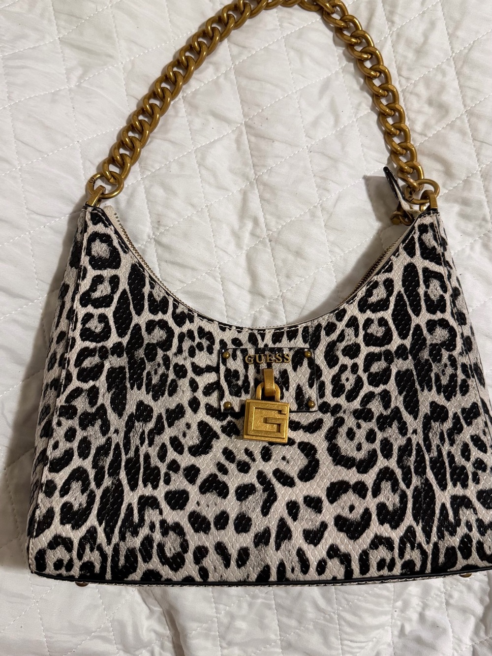GUESS Leopard-Print Shoulder Bag in Black & Cream with Gold Chain